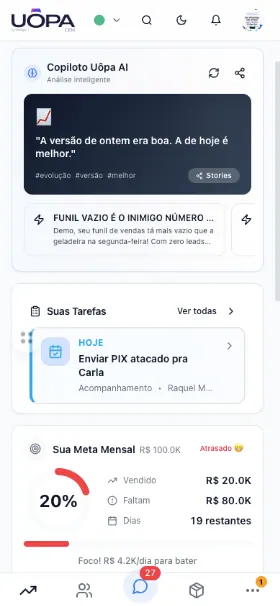 Interface mobile real do Uôpa mostrando prioridades e tarefas